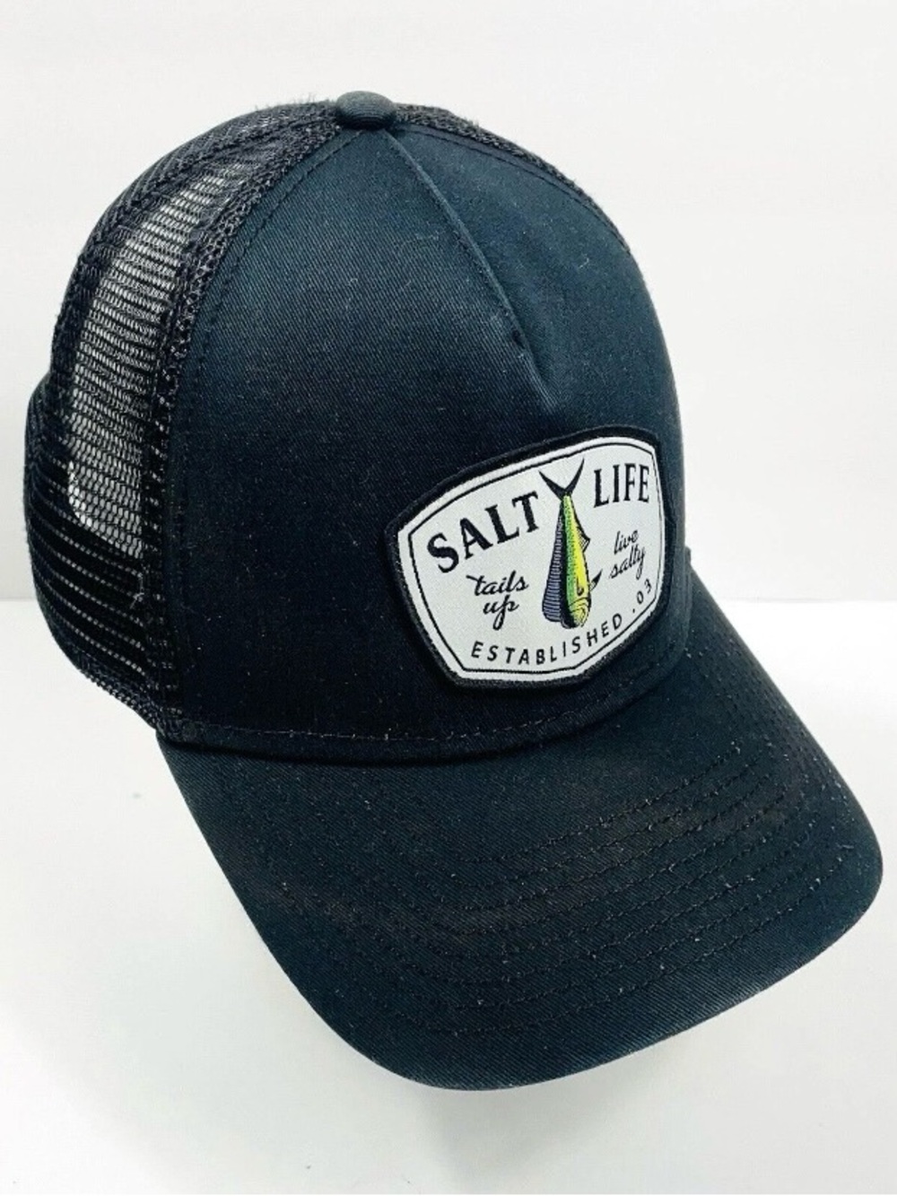 Salt Life Embroidered "Tails Up Live Salty" Black Truckers Snap Back Hat Cap
